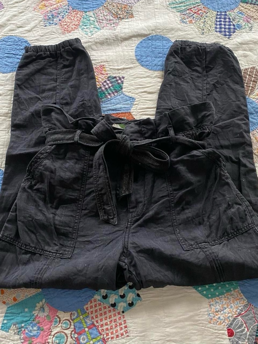 Anthropologie Boho Fall Charcoal Grey Linen Blend Pants w Waist Tie Sz 6